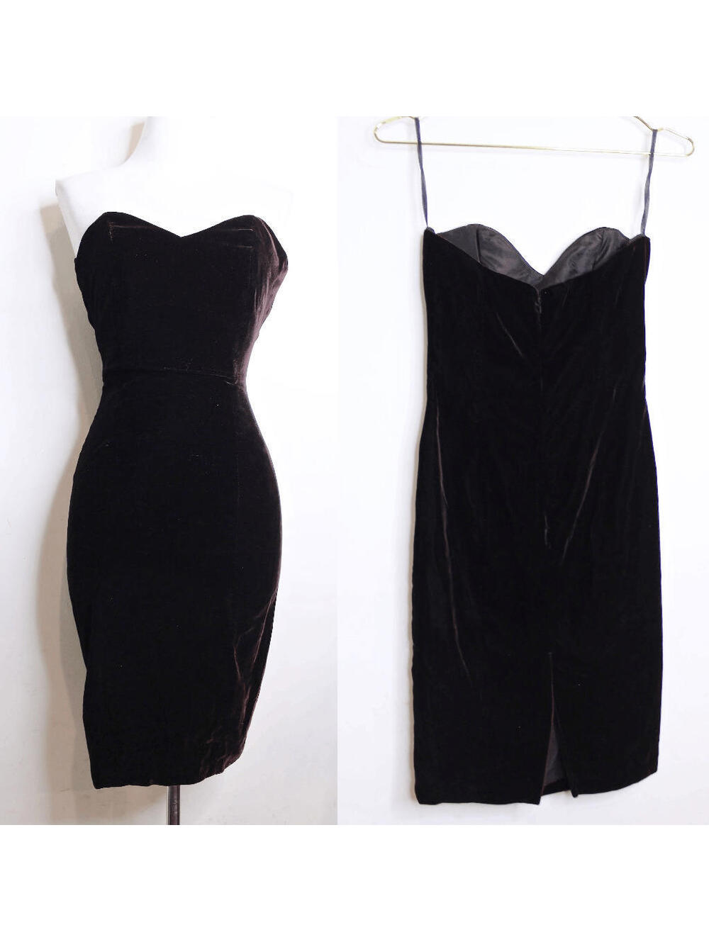 VTG Chocolate Brown Velvet Sweetheart Strapless Bodycon Dress - XS